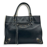 Papier Top Handle Bag Black with White Trim in Calfskin, Ruthenium hardware