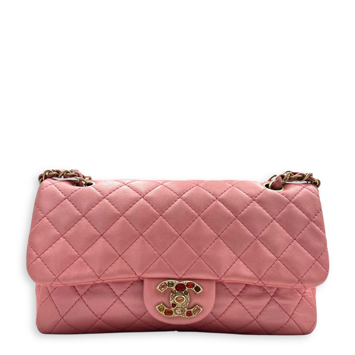 Precious Jewel Single Flap Pink Shoulder Bag in Calfskin, Gold hardware