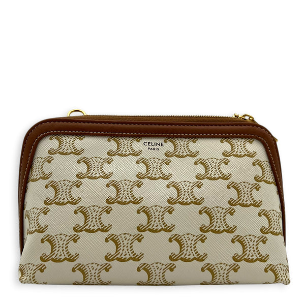 Triomphe Clutch on Chain Shoulder Bag White in Coated Canvas, Gold hardware