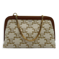 Triomphe Clutch on Chain Shoulder Bag White in Coated Canvas, Gold hardware