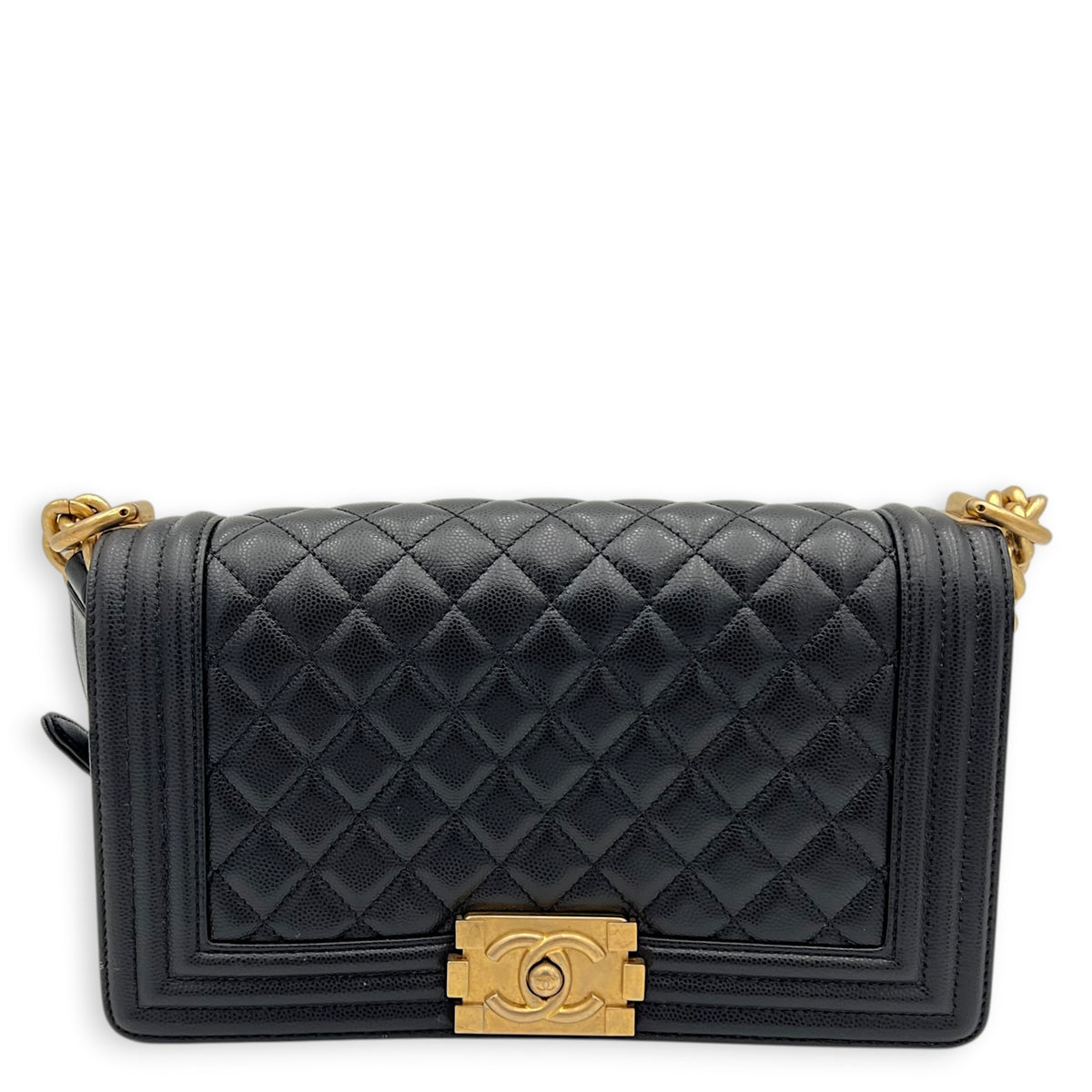 Boy Shoulder Bag Medium Black in Caviar Leather, Gold hardware