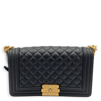 Boy Shoulder Bag Medium Black in Caviar Leather, Gold hardware