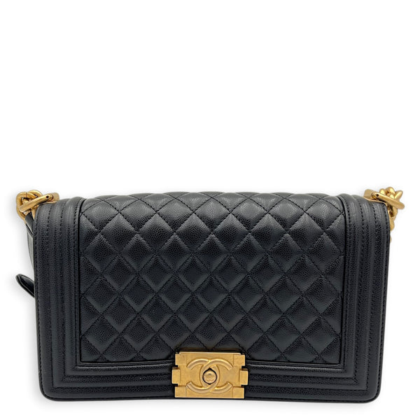 Boy Shoulder Bag Medium Black in Caviar Leather, Gold hardware