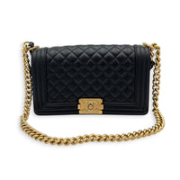 Boy Shoulder Bag Medium Black in Caviar Leather, Gold hardware