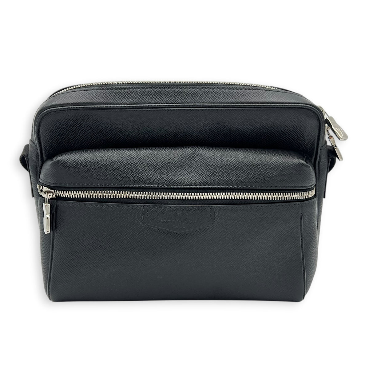 Outdoor Shoulder Bag PM Black in Taiga Leather, Silver hardware