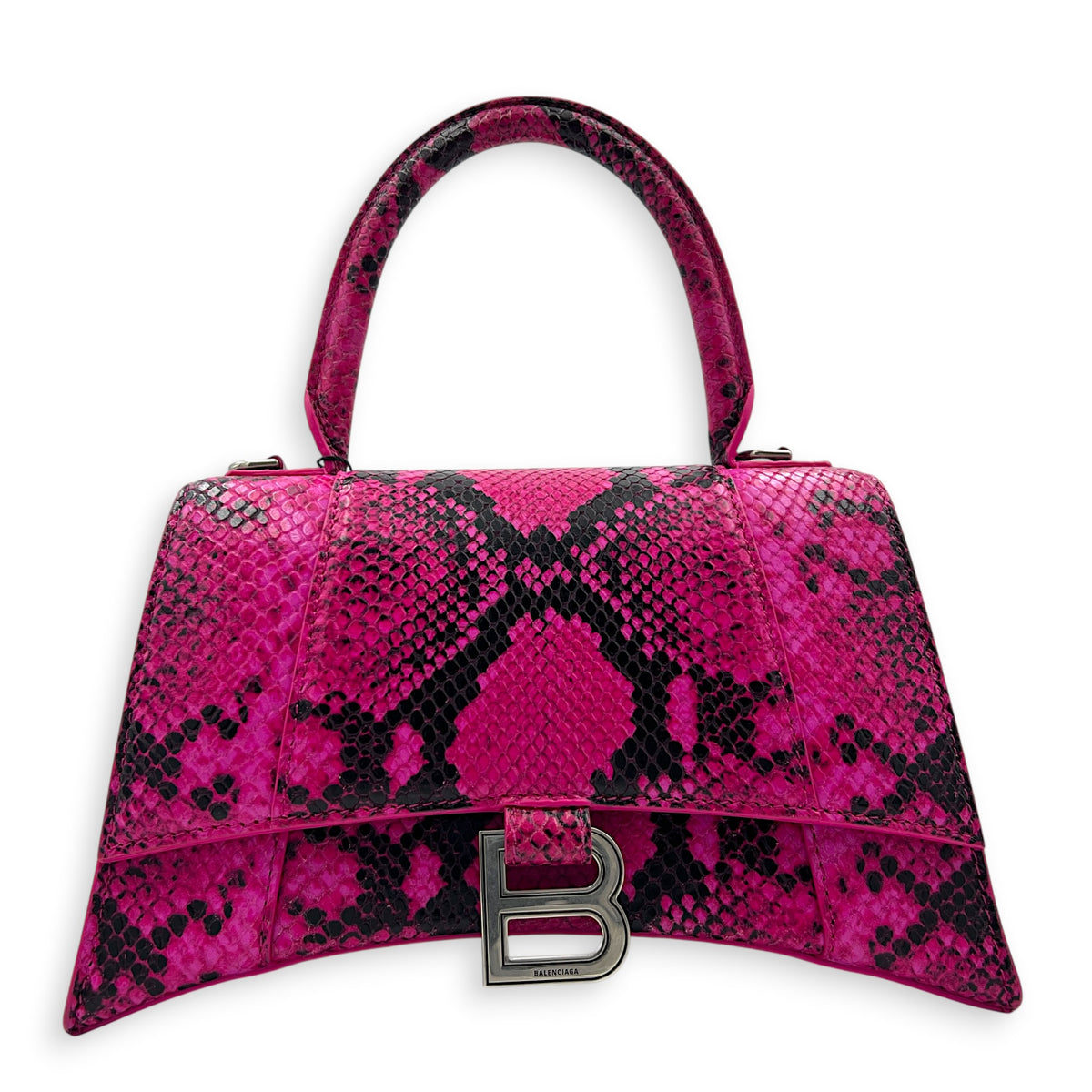 Hourglass Small Pink Top Handle Bag in Python Leather, Silver hardware