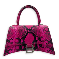 Hourglass Small Pink Top Handle Bag in Python Leather, Silver hardware