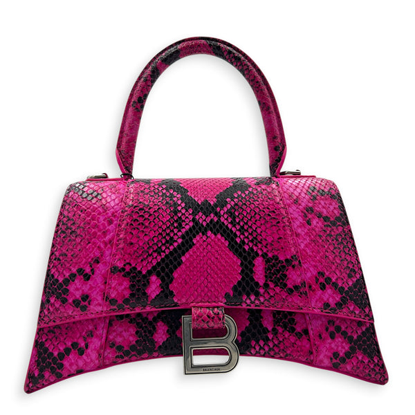 Hourglass Small Pink Top Handle Bag in Python Leather, Silver hardware