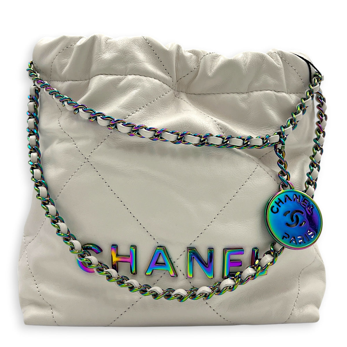 22 Tote Top Handle Bag Mini White in Lambskin, Iridescent hardware