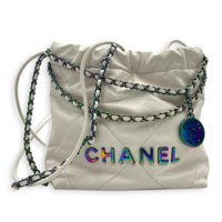 22 Tote Top Handle Bag Mini White in Lambskin, Iridescent hardware