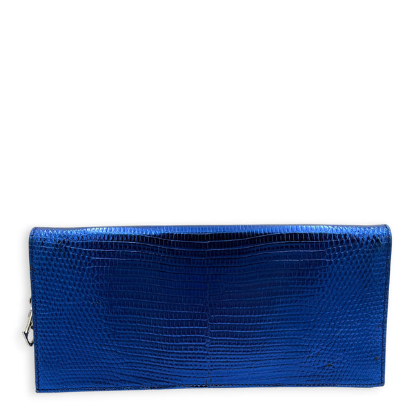 Cannage Clutch On Chain Blue in Embossed Lizard, Silver hardware