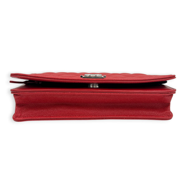 Boy Wallet On Chain Red in Caviar Leather, Silver hardware