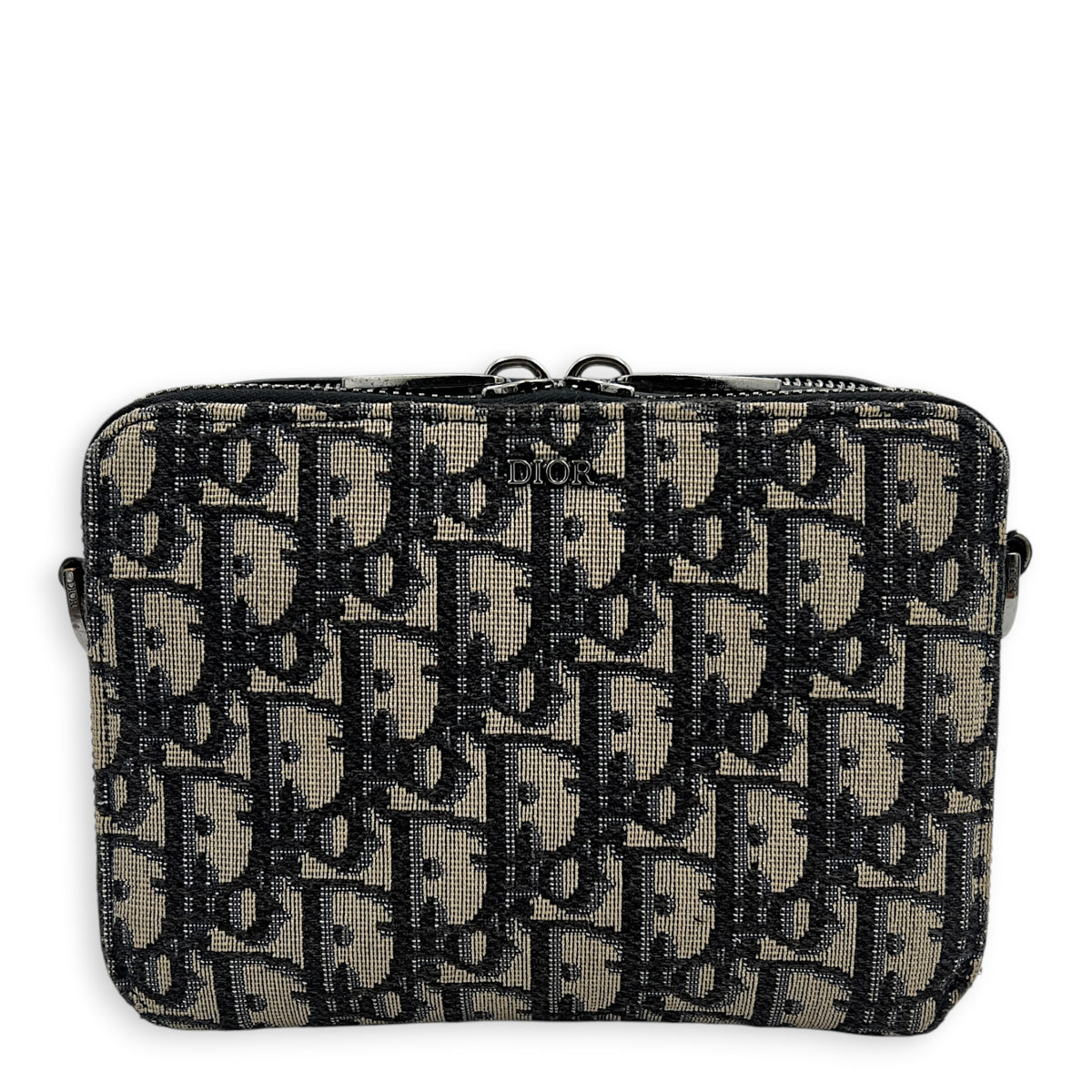 Double Zip Camera Shoulder Bag Blue in Jacquard, Silver hardware