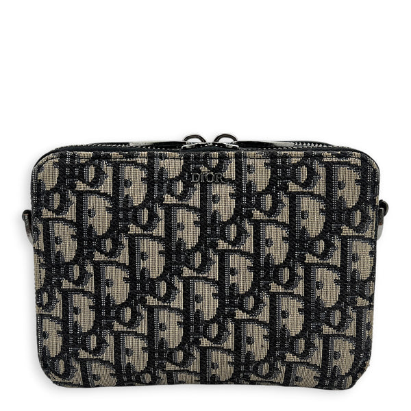Double Zip Camera Shoulder Bag Blue in Jacquard, Silver hardware