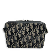 Double Zip Camera Shoulder Bag Blue in Jacquard, Silver hardware
