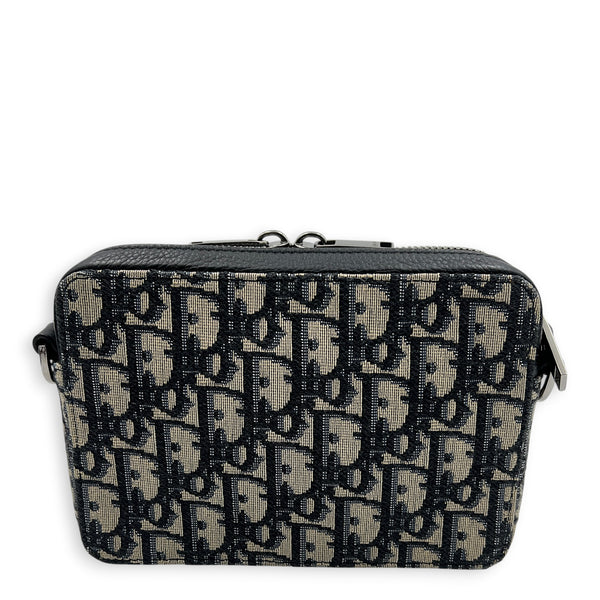 Double Zip Camera Shoulder Bag Blue in Jacquard, Silver hardware