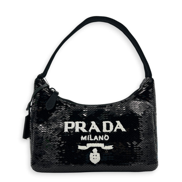 Re-Edition 2000 Shoulder Bag Black in Sequins, Silver hardware