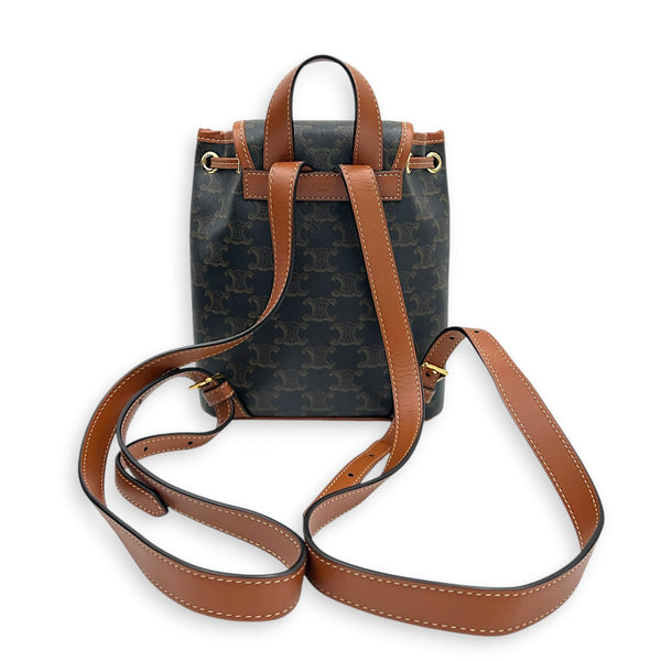 Folco Mini Brown Backpack in Coated Canvas, Gold hardware