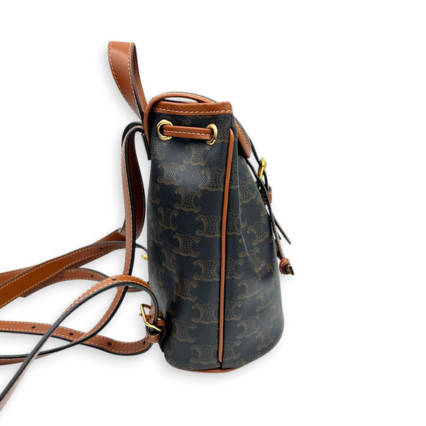 Folco Mini Brown Backpack in Coated Canvas, Gold hardware