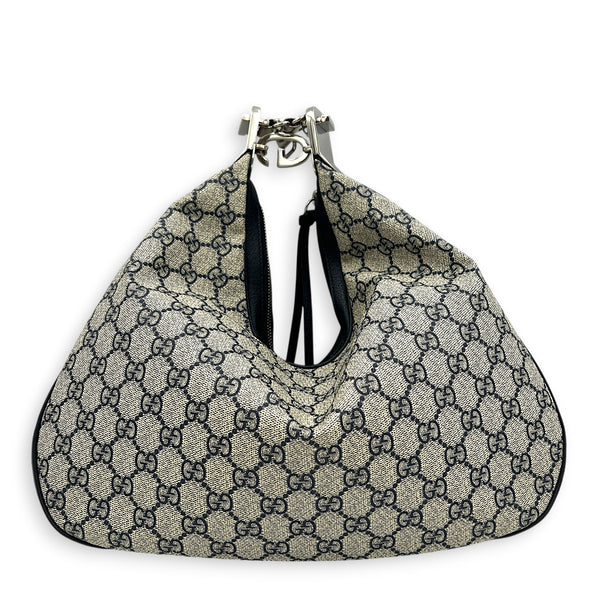 Attache Shoulder Bag Medium Grey in Coated Canvas, Silver hardware