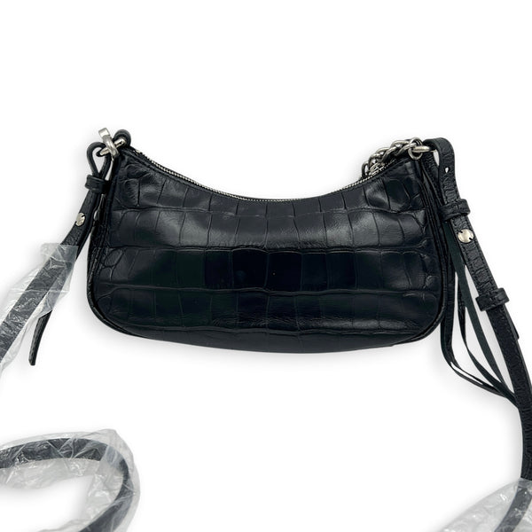 Le Cagole Shoulder Bag Mini Black in Crocodile Embossed Calfskin, Silver hardware