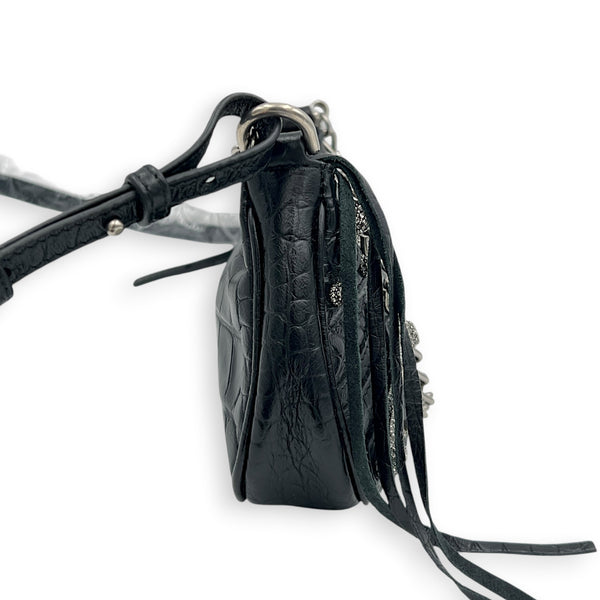 Le Cagole Shoulder Bag Mini Black in Crocodile Embossed Calfskin, Silver hardware