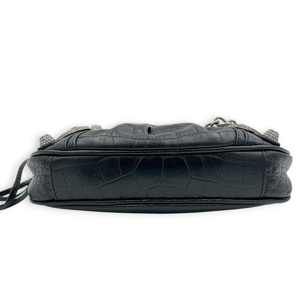 Le Cagole Shoulder Bag Mini Black in Crocodile Embossed Calfskin, Silver hardware