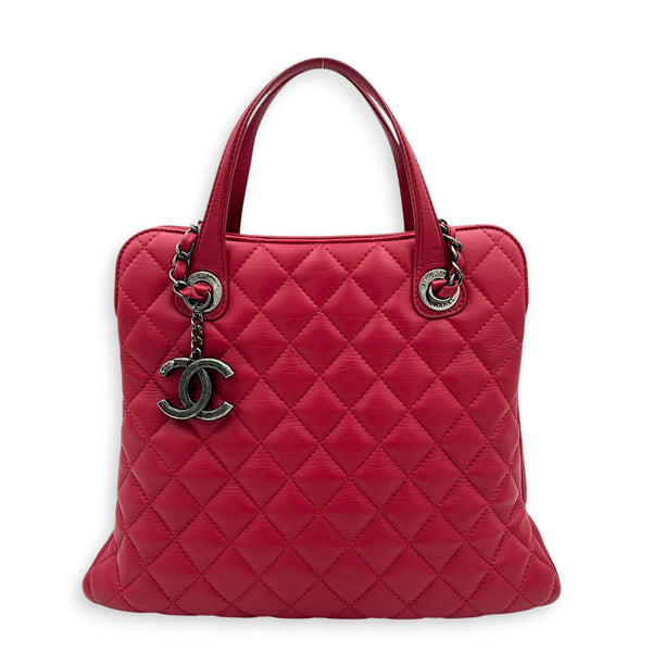 Quilted CC Top Handle Shoulder Bag Red in Lambskin, Ruthenium hardware