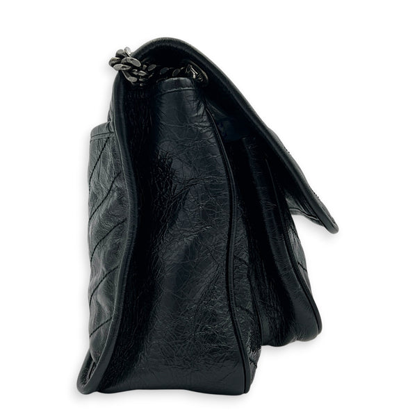 Niki Medium Black Shoulder Bag in Calfskin, Silver hardware