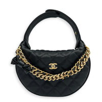 Quilted Bow Pouch Handbag Black in Caviar Leather, Gold hardware