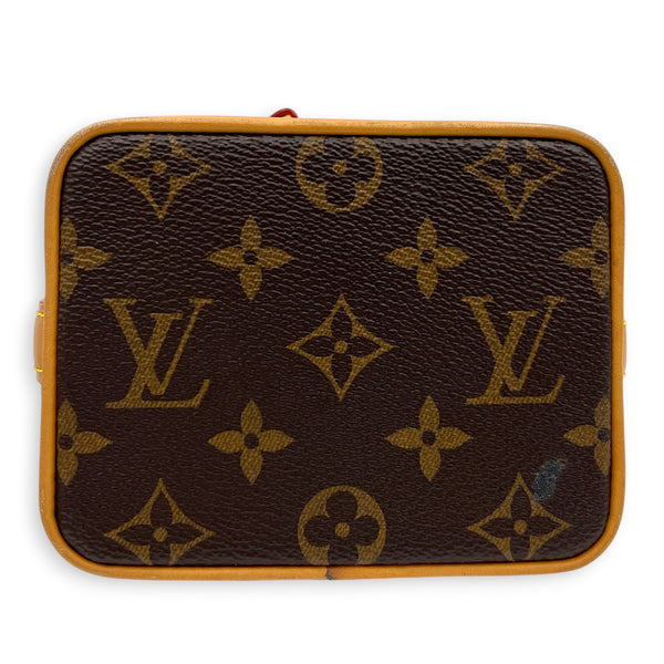 Noe Bucket Bag Nano Brown in Monogram Coated Canvas, Gold hardware