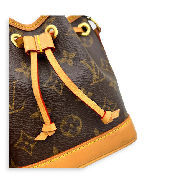 Noe Bucket Bag Nano Brown in Monogram Coated Canvas, Gold hardware