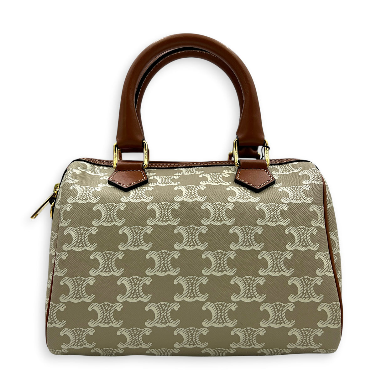 Triomphe Boston Top Handle Bag Beige in Coated Canvas, Gold hardware