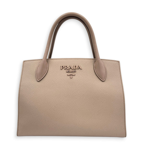 Logo Monochrome Pink Top Handle Bag in Saffiano Leather, Gold hardware