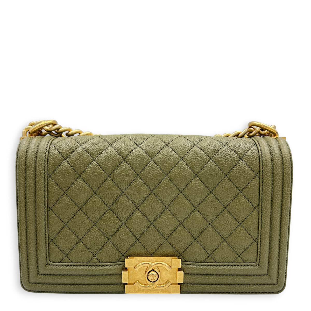 Boy Medium Green Shoulder Bag in Caviar Leather, Gold hardware