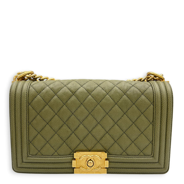 Boy Medium Green Shoulder Bag in Caviar Leather, Gold hardware