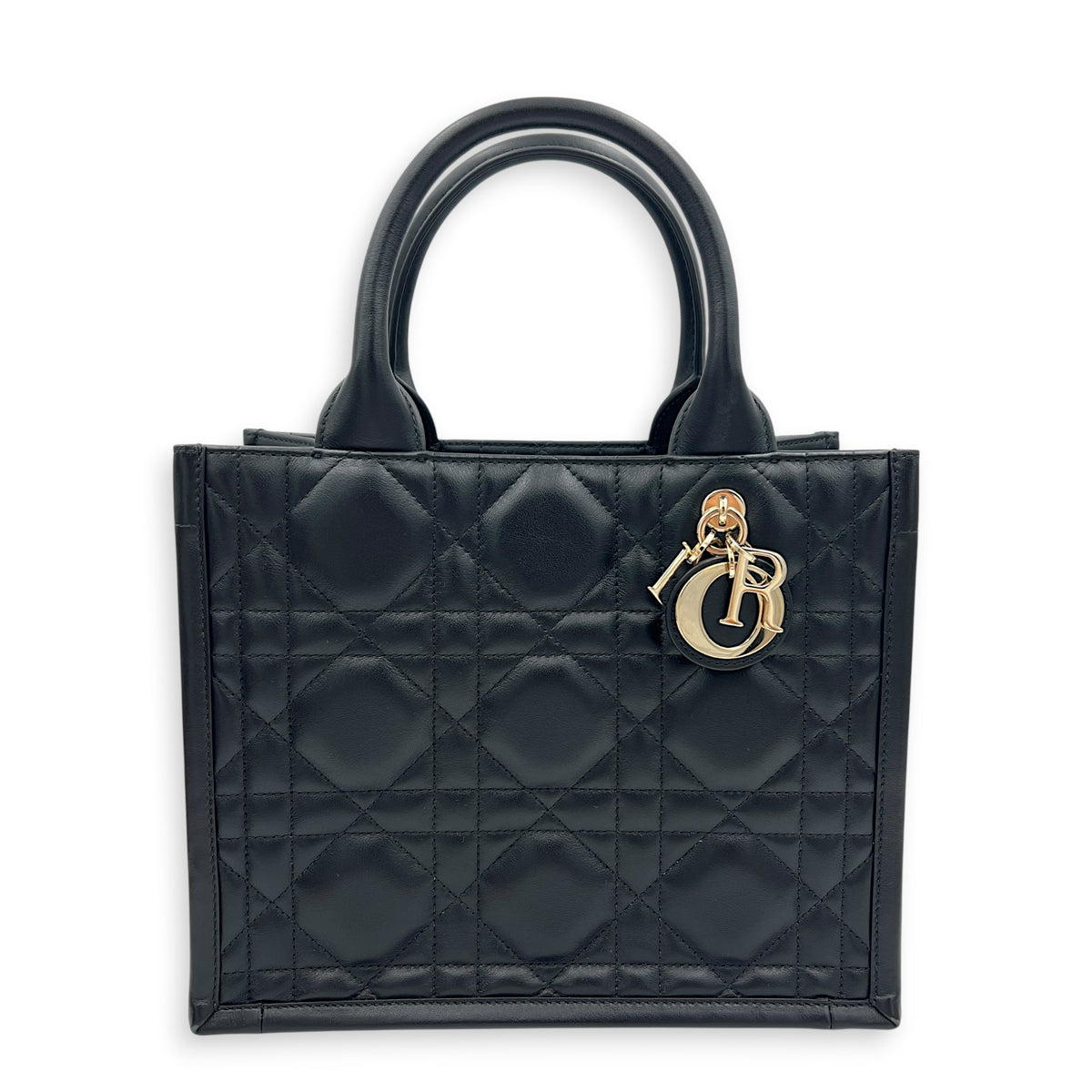 Cannage Book Small Black Tote Bag in Calfskin, Gold hardware