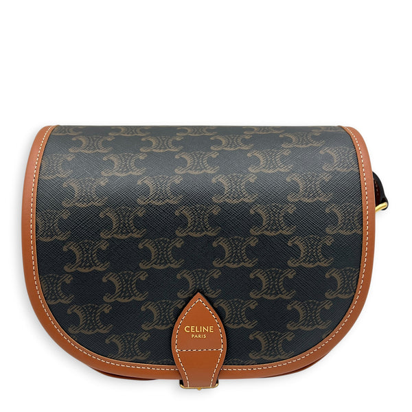 Folco Shoulder Bag Brown in Coated Canvas, Gold hardware
