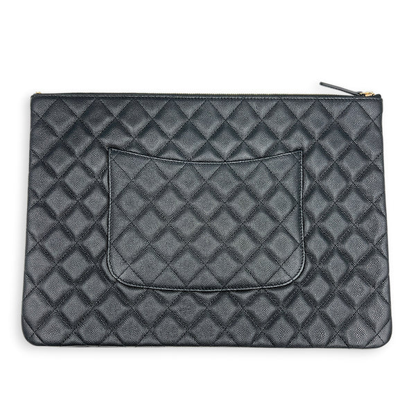 O Case Black Clutch in Caviar Leather, Light Gold hardware