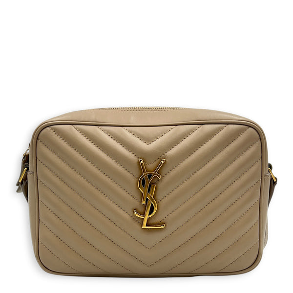 Lou Camera Beige Crossbody Bag in Calfskin, Gold hardware