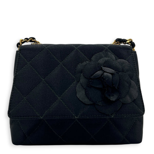 Vintage Camelia Black Shoulder Bag in Satin, Gold hardware