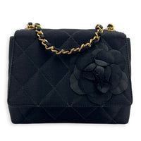 Vintage Camelia Black Shoulder Bag in Satin, Gold hardware