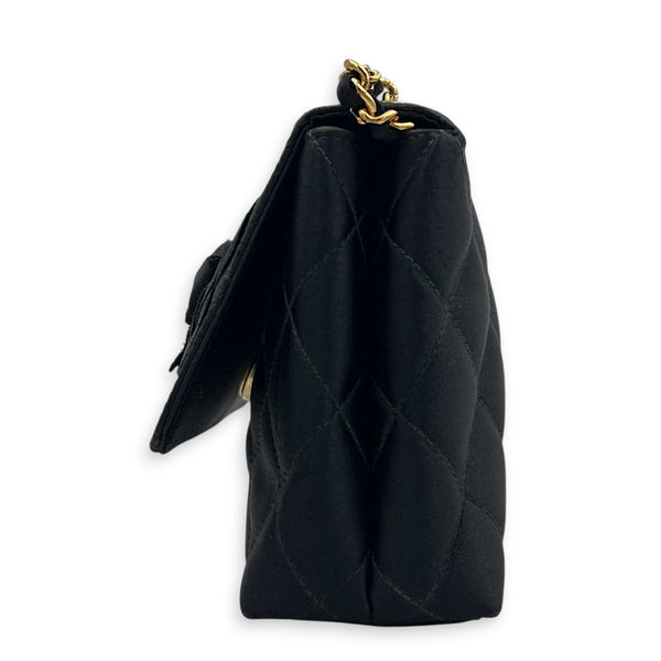 Vintage Camelia Black Shoulder Bag in Satin, Gold hardware