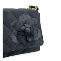 Vintage Camelia Black Shoulder Bag in Satin, Gold hardware