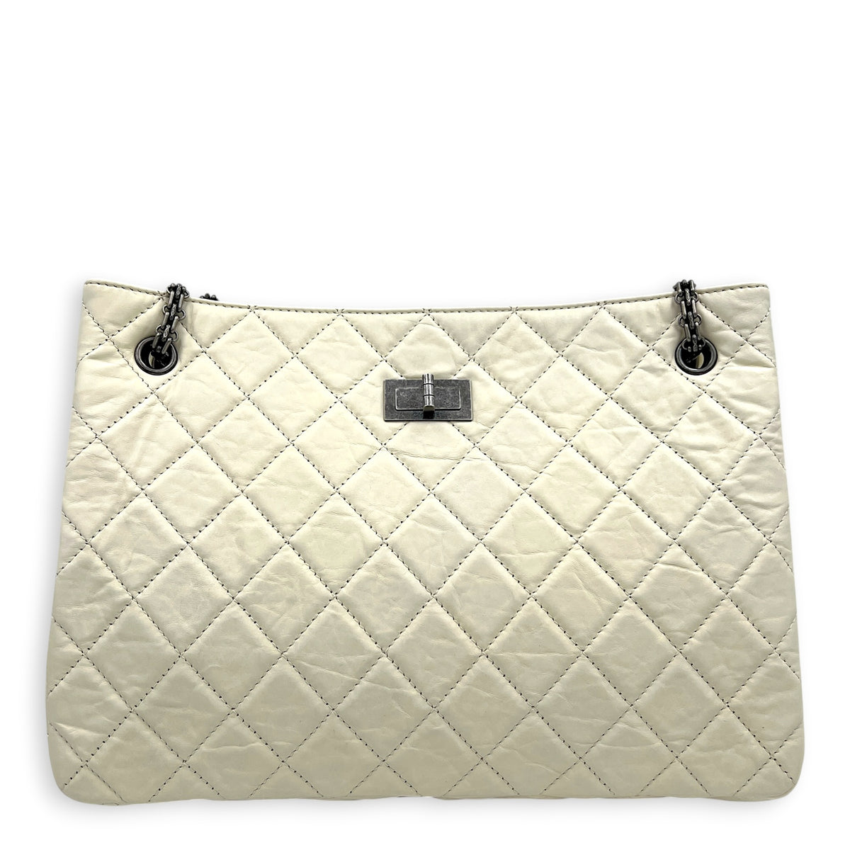 2.55 Tote Bag White in Distressed Leather, Gunmetal hardware