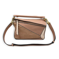 Puzzle Top Handle Bag Small Pink in Suede Leather, Gold hardware