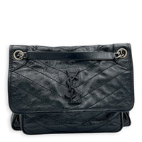 Niki Medium Black Shoulder Bag in Distressed Leather, Gunmetal hardware