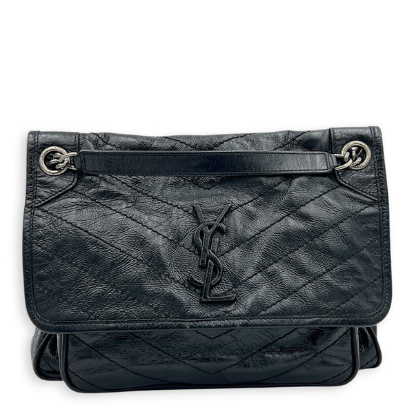 Niki Medium Black Shoulder Bag in Distressed Leather, Gunmetal hardware