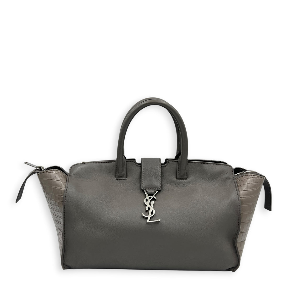 Cabas Shoulder Bag Small Grey in Crocodile Embossed Calfskin, Silver hardware