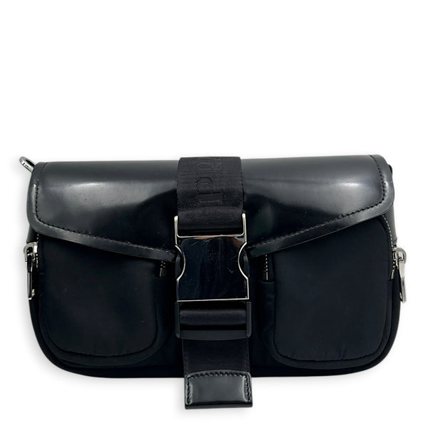 Buckle Pocket Black Crossbody Bag in Spazzolato & Re-Nylon, Silver hardware